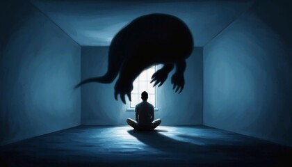 Lonely Man Facing Inner Demon in Dark Room &ndash; Depression and Fear Concept Art

 