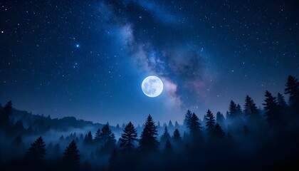
"Starry night sky with the Milky Way stretching across, a bright full moon illuminating a dense forest below, soft mist among the trees, deep blues and purples in the sky, high-resolution, realistic 