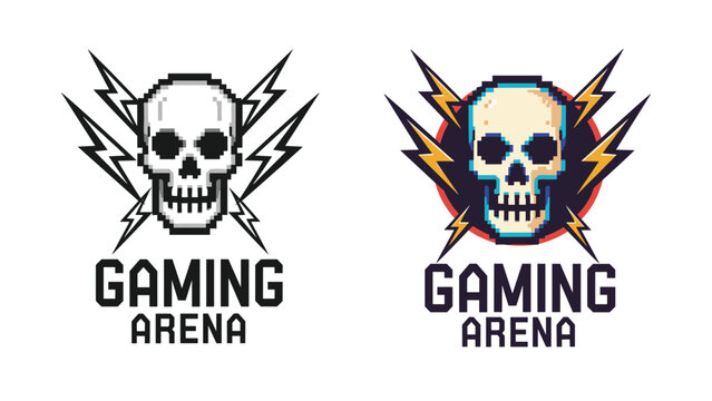 Pair of gaming arena logos featuring a pixelated human skull surrounded by sharp electric lightning bolts in two color variations.