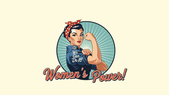 Iconic rosie the riveter style pop art illustration promoting women's power with a strong female character flexing her bicep.