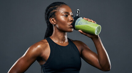 Athletic woman drinking green smoothie after workout