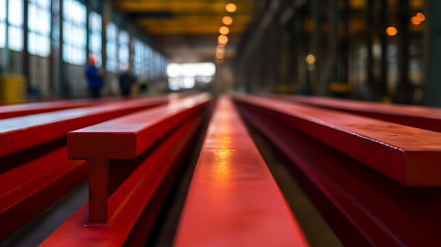 Red metal beams lying in a factory. Focus on the texture and color, highlighting the industrial process and setting. Creates a strong visual impact of industry and construction.
