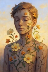 Boy with Cracks and Flowers Growing from Skin &ndash; Emotional Healing and Growth Concept