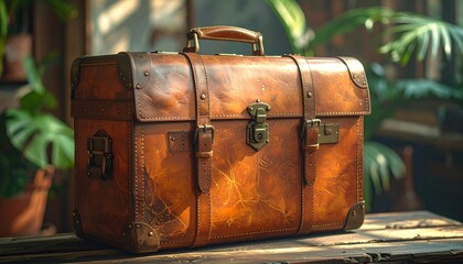 Vintage Leather Suitcase in Tropical Setting Symbolizing Travel and Editorial Styling for Adventure and Lifestyle Use