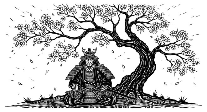 Samurai Warrior Meditating Under a Cherry Blossom Tree.