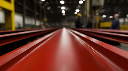 An industrial warehouse with rows of vibrant red metal beams stretching into the distance, with blurred figures and overhead lighting adding depth to the scene. #industrial #warehouse