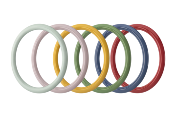 A row of six colorful smooth circular bangles in various pastel and vibrant shades, arranged on a white background.