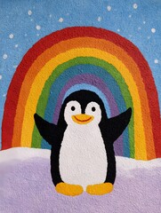Penguin in a vibrant winter scene. Rainbow arches over snow, cheerful depiction, winter vibes.