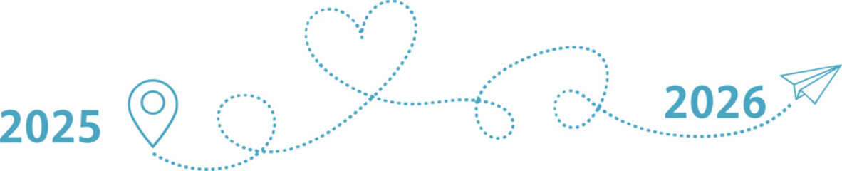 Dotted Line Path from 2025 to 2026 with Heart Shape and Paper Airplane Keywords: 2025, 2026, year, travel, journey, path, dotted