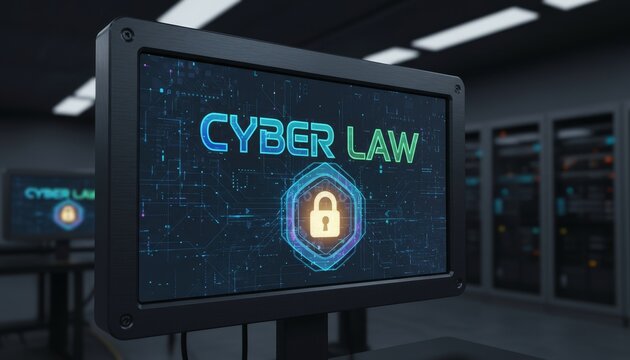 A digital screen displaying "CYBER LAW" with a padlock symbol, surrounded by a futuristic circuit design, indicative of cybersecurity themes. - Powered by Adobe