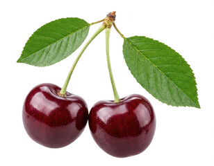Pair of dark red cherries with stems and vibrant green leaves