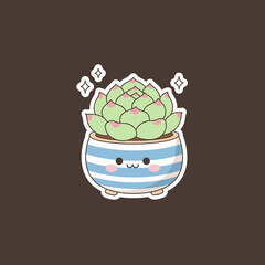 Cute Succulent Plant in Striped Pot with Kawaii Face.