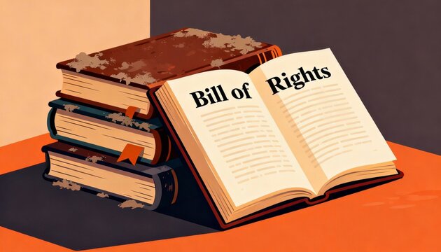 An illustration of a stack of old books with an open book displaying the title "Bill of Rights," symbolizing history and constitutional law.