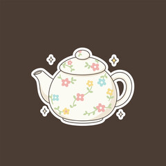 Floral Teapot Illustration with Sparkling Accents on Dark Background.