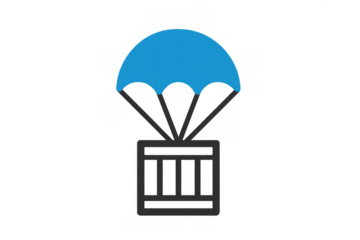 Parachute delivering cargo box, air drop shipping, logistics distribution, fast delivery, humanitarian aid, supply chain icon