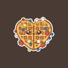 Cute Heart-Shaped Waffle with Berries and Syrup Illustration.
