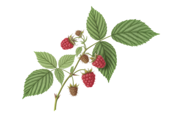 Botanical illustration of a raspberry branch with ripe red berries and green leaves.