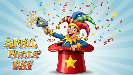 Joyful jester popping out of a hat to celebrate april fools' day