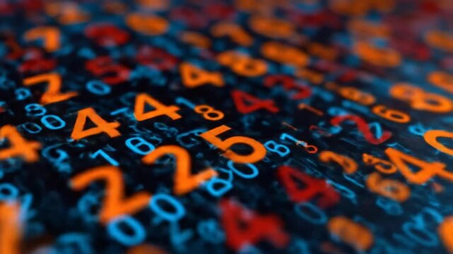 Abstract digital background with glowing orange and blue numbers, illustrating data, technology, coding, and information flow.