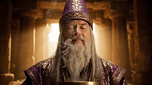 Wizard performs ritual with incense. Sorcerer holds ornate bowl at altar. Mage in embroidered robe stands inside ancient temple. Priest with long beard breathes as smoke rises. Aura feels mystical.
