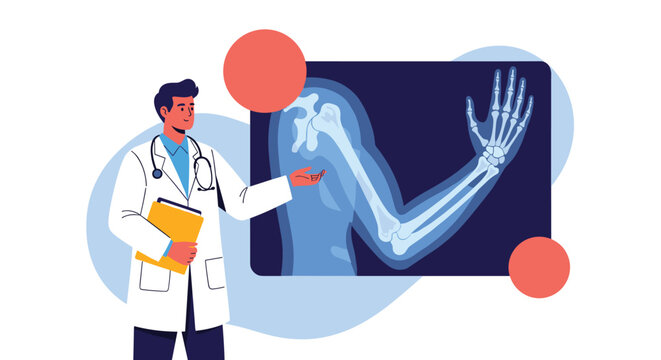 Male doctor in a white coat with a stethoscope pointing to an x-ray image of a human arm and hand, explaining a diagnosis to a patient.