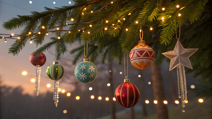 Outdoor Christmas Ornaments Hanging with Lights