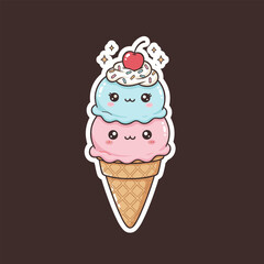 Cute Ice Cream Cone with Kawaii Faces and Cherry Topping.