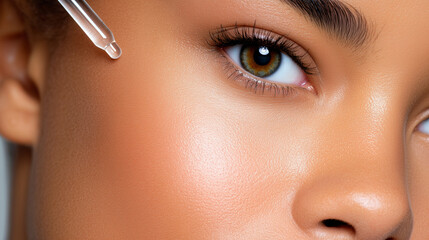 Model Applying Serum to Cheek on White Background, Minimalist Skincare Campaign