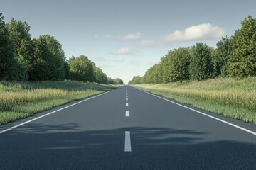 Fototapeta premium Expansive empty road lined with trees under a clear blue sky in early afternoon