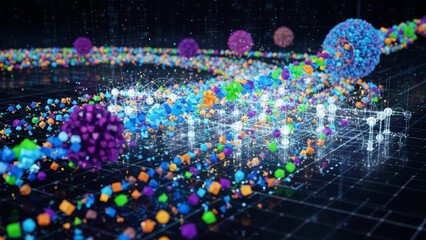 Abstract digital visualization of a complex interconnected data network or biological process, showing vibrant particles flowing through a conceptual grid
