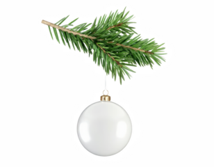 Glossy white ornament dangling from a green pine limb against a deep void