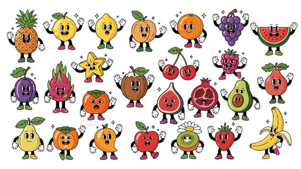 Obraz premium Retro Cartoon Fruit Characters Vector Illustration Set
