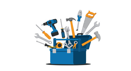 Blue toolbox overflowing with a variety of hand and power tools, including a hammer, wrench, screwdriver, drill, and saw for DIY.