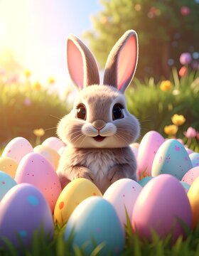 Cute Easter Bunny Amidst Colorful Eggs in a Sunny Spring Garden