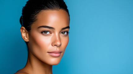 Glowing Skin Portrait with Slicked-Back Hair, Minimalist Luxury Beauty Campaign