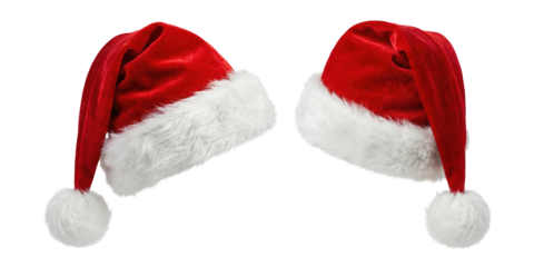 Two Red Velour Santa Claus Caps with White Fur Trim on Dark Setting