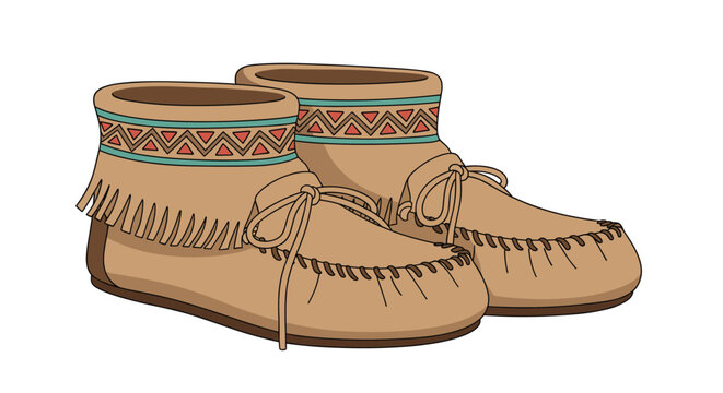 Pair of traditional Native American style moccasins made of brown suede with fringe and a colorful beaded geometric pattern.