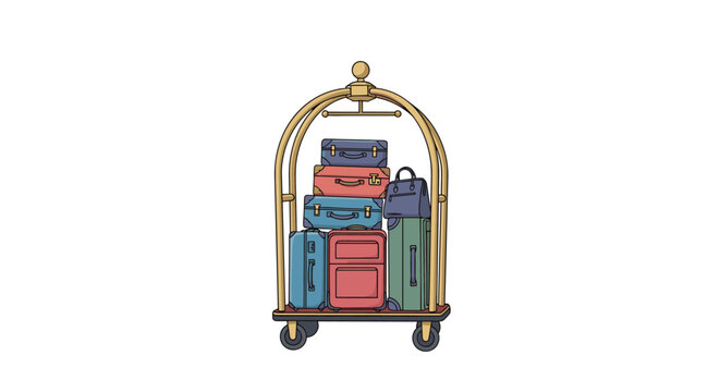 Golden hotel luggage cart, or bellboy trolley, stacked high with a variety of colorful vintage suitcases and bags for travel.