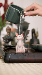 Pouring herbal drink. Chinese tea ceremony. Table with tea-board woman hand water vapor incense cup for drinking figurine changing color.