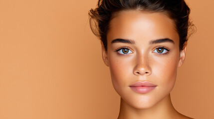 Flawless Skin Portrait on Warm Beige Background, Luxury Skincare Advertising
