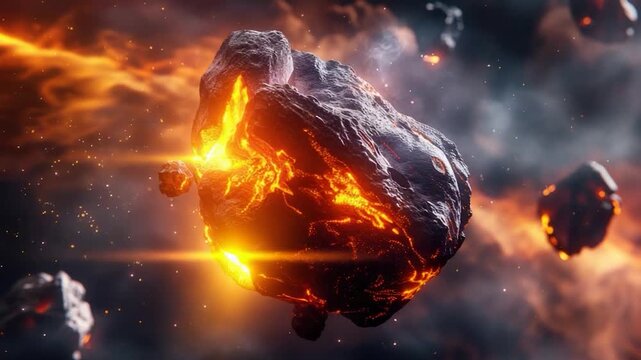 Video An  of a massive rock explosion in the vastness of space, with fiery debris and shockwaves radiating from the epicenter