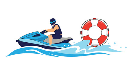 A man wearing essential safety gear like a life vest and helmet skillfully maneuvers a blue jet ski across the water, kicking up waves next to a floating lifebuoy.