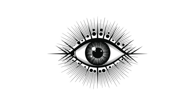 An intricate black and white esoteric symbol of an all-seeing eye radiating light, representing divine providence, spirituality, and omniscience in a vintage style.