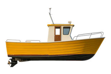 A bright yellow small fishing boat with a white cabin and propeller isolated on a white background, viewed from the side.