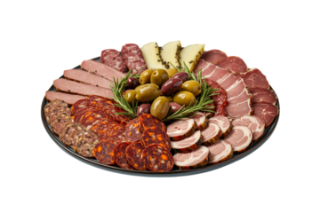 A large, round charcuterie board featuring an assortment of cured meats, cheeses, green and black olives, and fresh rosemary sprigs, presented on a white background.