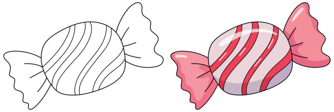 Candy vector illustration featuring a glossy striped wrapped sweet in vibrant pink tones alongside a clean black and white outline version suitable for creative design projects