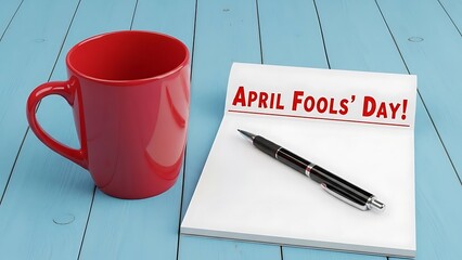 A red mug, notepad, and pen on a blue table for april fools' day celebration