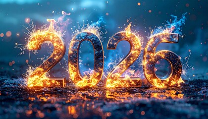 Fiery 2026 numerals ablaze on a dark, icy surface with sparks flying around, capturing a fiery New Year celebration