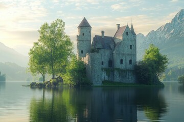 Obraz premium Serene castle surrounded by water reflecting mountains and trees at dawn in a tranquil landscape