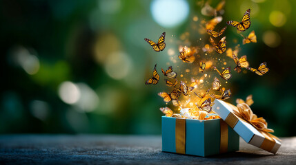 Gift box dissolving into butterflies metaphor for transformation and joy, defocused present metamorphosis, wrapped surprise liberation, package evolution, gift-to-nature change, wi